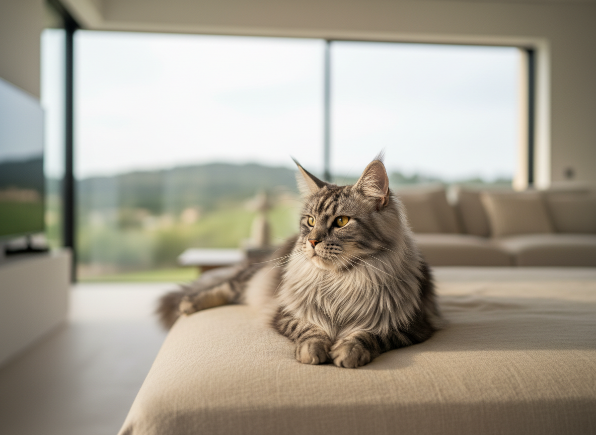 Un majestuoso Maine Coon plateado y negro, de pelaje largo y sedoso, está recostado elegantemente sobre una cama baja de lino beige en un salón minimalista. Al fondo se dejan ver grandes ventanales con vistas suaves a un paisaje verde de las colinas de Ullastrell, ligeramente desenfocado. La luz es natural de tarde, cálida y envolvente, resaltando la textura del pelaje y los ojos ámbar del gato. Composición fotográfica a nivel de los ojos del felino, con profundidad de campo reducida que genera un bokeh suave. El ambiente es sofisticado, sereno y pulcro, con estética realista y moderna, transmitiendo exclusividad y bienestar felino.