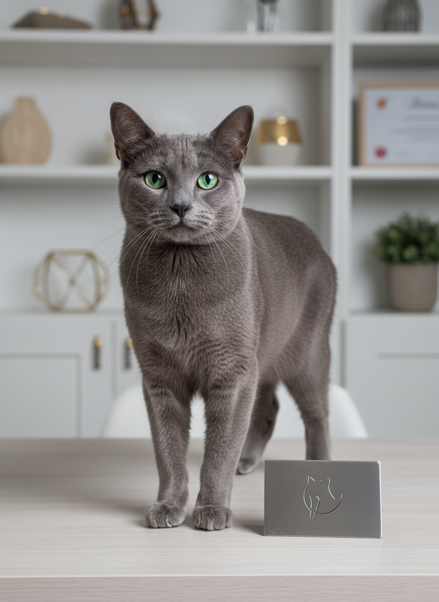 Un elegante Azul Ruso de pelaje corto azul grisáceo satinado posa erguido sobre una mesa de madera clara impecable, junto a un pequeño letrero metálico con el logo sutil de un criadero felino premium. Detrás, estanterías blancas con discretos elementos decorativos en tonos neutros y certificados enmarcados, ligeramente desenfocados, sugieren un espacio profesional en Ullastrell, Barcelona. La luz es suave y difusa, como de estudio con caja de luz, creando reflejos delicados en los ojos verdes intensos del gato. La composición sigue la regla de los tercios, con enfoque nítido en la expresión atenta del felino. El estilo es fotográfico realista, limpio y sofisticado, transmitiendo confianza y calidad.