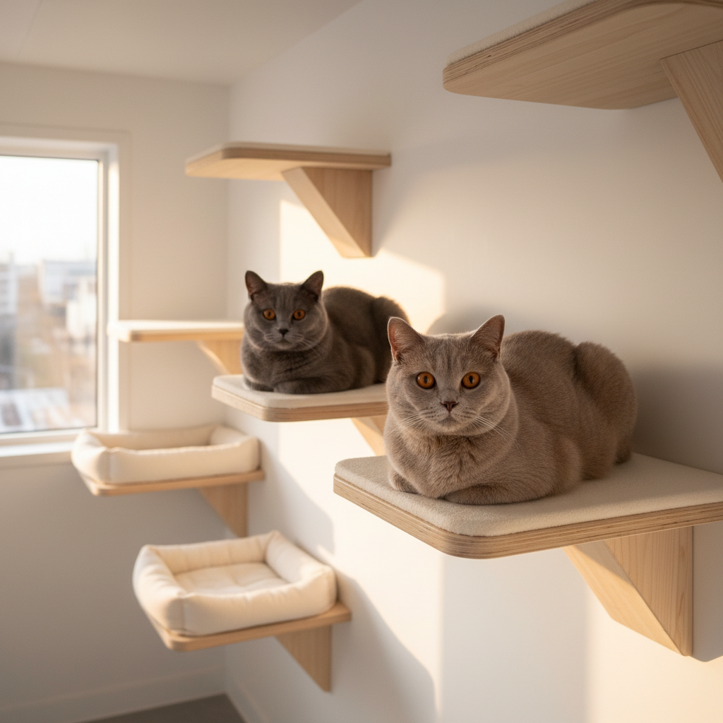 Dos gatos British Shorthair de pelaje denso y aterciopelado, uno azul y otro lila, se observan tranquilamente dentro de un amplio habitáculo de criadero de alta gama. El entorno muestra paredes blancas impolutas, plataformas de madera natural y camas de tejido suave en tonos crema. A través de una gran ventana entra luz de mañana ligeramente dorada, que crea sombras suaves y acentúa la redondez de sus caras y sus ojos cobrizos. Composición fotográfica ligeramente elevada, con profundidad de campo media que mantiene nítidos a ambos gatos y suaviza el fondo. El ambiente es ordenado, higiénico y sereno, con estética moderna y sobria que comunica un enfoque ético y cuidadoso en la cría.