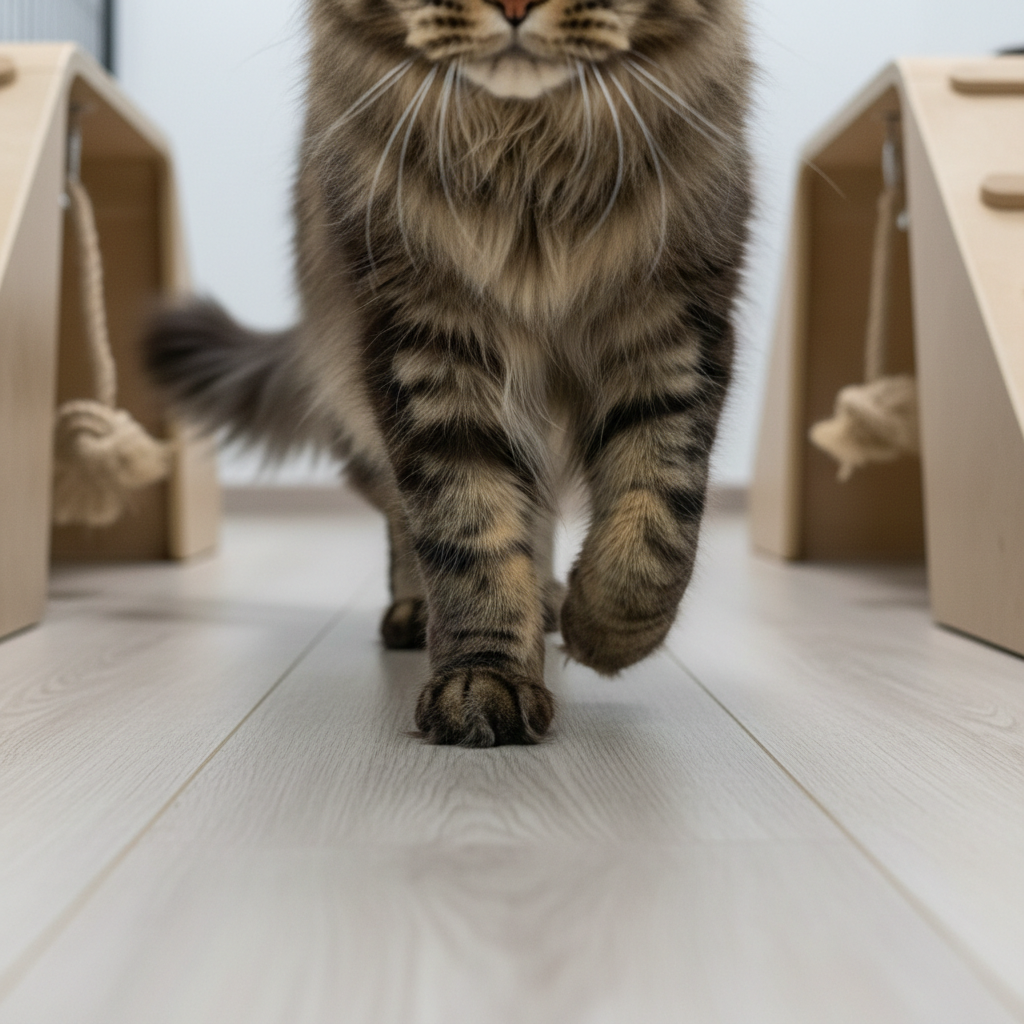 Un primer plano de las patas de un Maine Coon caminando sobre un pasillo de suelo vinílico imitación madera clara, en un criadero impecable. Las patas grandes, bien peludas y robustas, están captadas en el momento del movimiento, con el pelaje largo suave cayendo alrededor. A los lados se intuyen módulos de descanso en tonos arena y juguetes de cuerda natural, desenfocados. La luz es blanca neutra de iluminación LED de alta calidad, uniforme y sin sombras duras. La composición fotográfica es baja, casi al nivel del suelo, con profundidad de campo reducida que centra la atención en la estructura y salud del felino. El ambiente es profesional, higiénico y sofisticado, evocando estándar de raza y bienestar.