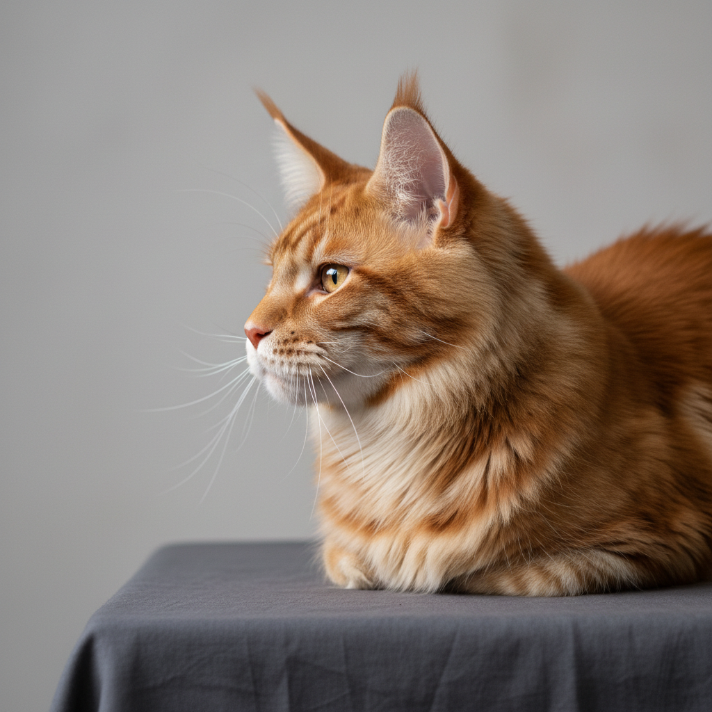 Un retrato fotográfico de un Maine Coon rojo con crema, de perfil, mostrando claramente su cabeza grande, hocico cuadrado y orejas altas con pinceles de pelo, posando sobre una mesa de exposición cubierta de tela gris antracita. Detrás, un fondo neutro desenfocado en tono gris claro resalta las líneas del estándar de raza. La iluminación es de estudio, con luz principal lateral suave y reflector del lado opuesto, creando volumen en el rostro y brillo en los ojos dorados. La composición es clásica, centrada, con gran nitidez en la cabeza y el inicio del lomo, y un suave desenfoque hacia atrás. El ambiente es elegante y técnico, pensado para ilustrar rasgos de estándar de cría ética y profesional.