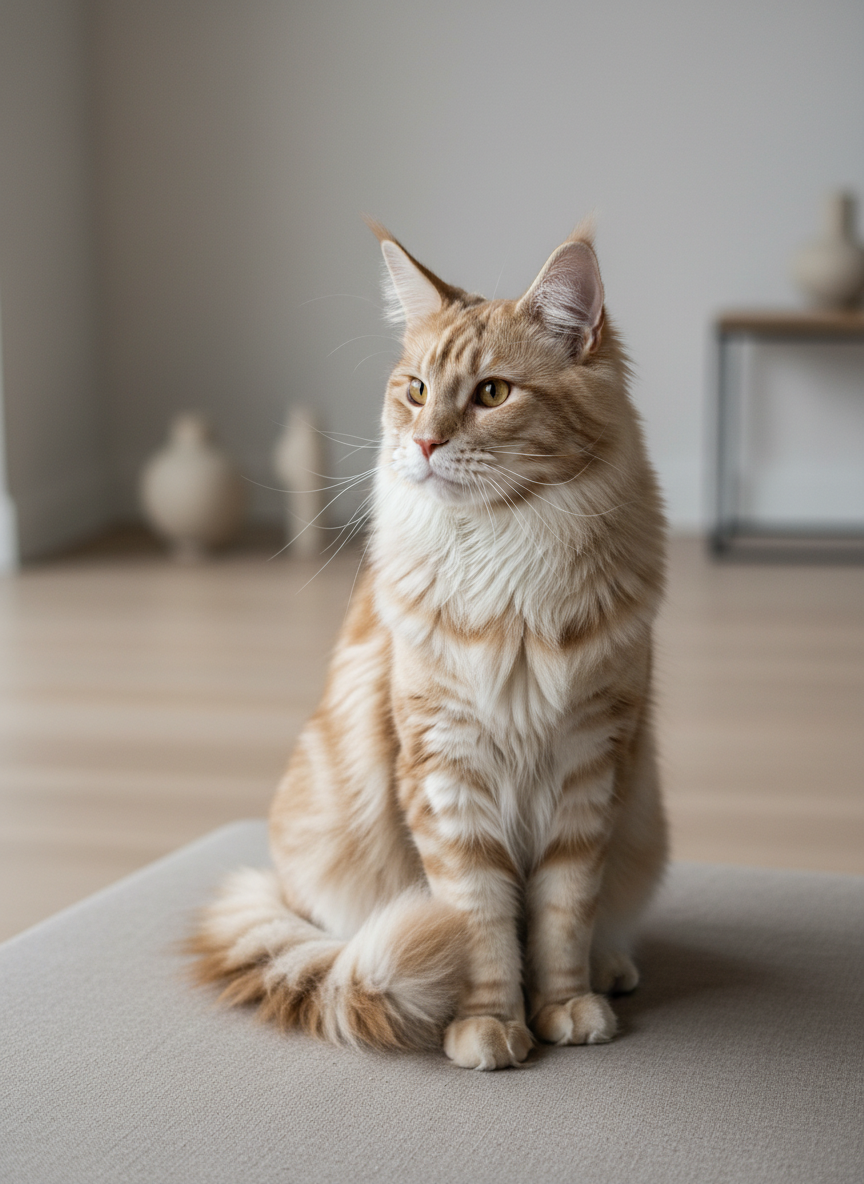 Retrato vertical de un Maine Coon adulto, de aspecto muy representativo del estándar de la raza: gran tamaño, cabeza ancha con hocico cuadrado, orejas grandes con pinceles de pelo y pelaje largo semilargo. El gato está en posición elegante, ligeramente de perfil, sobre una superficie textil neutra en un entorno interior minimalista y luminoso, coherente con el resto de fotos de la web Exclusive Cat. Luz suave y natural, fondo desenfocado en tonos claros, estilo fotográfico realista y moderno. Colores neutros y sensación de exclusividad y bienestar felino.