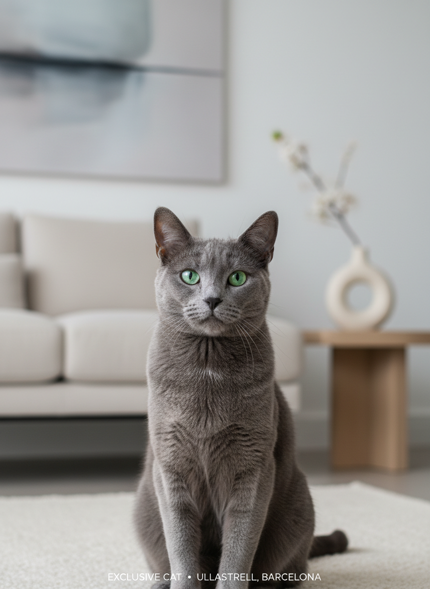 Retrato vertical de un gato Azul Ruso adulto, de pelaje corto azul grisáceo satinado y ojos verdes intensos, posando en interior minimalista y luminoso coherente con el resto de fotos de Exclusive Cat. Fondo con muebles claros y detalles discretos, luz suave tipo estudio, estilo fotográfico realista, moderno y elegante, sensación de bienestar y crianza ética en Ullastrell, Barcelona.