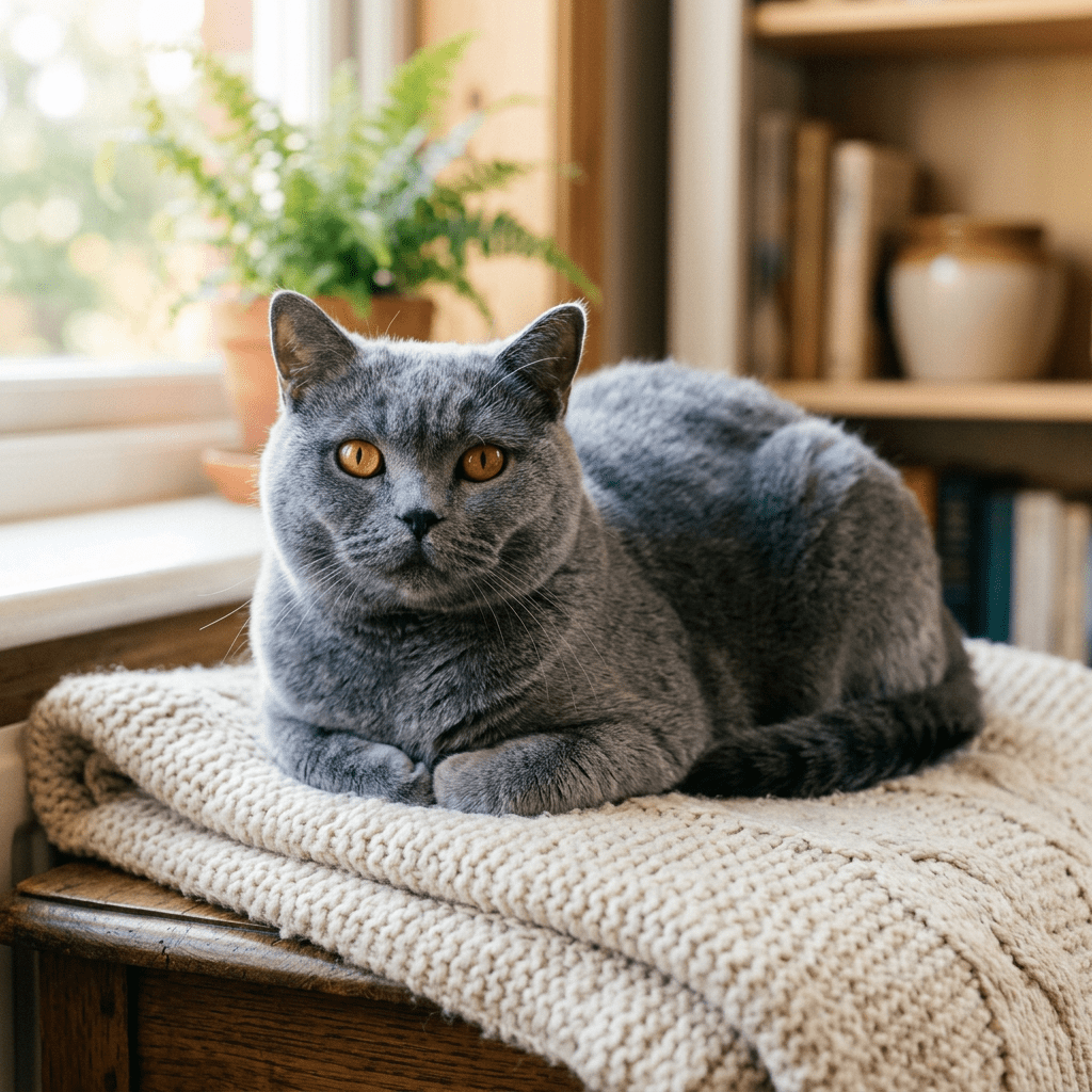 Grey cat with amber eyes lying on a cream knit blanket indoors